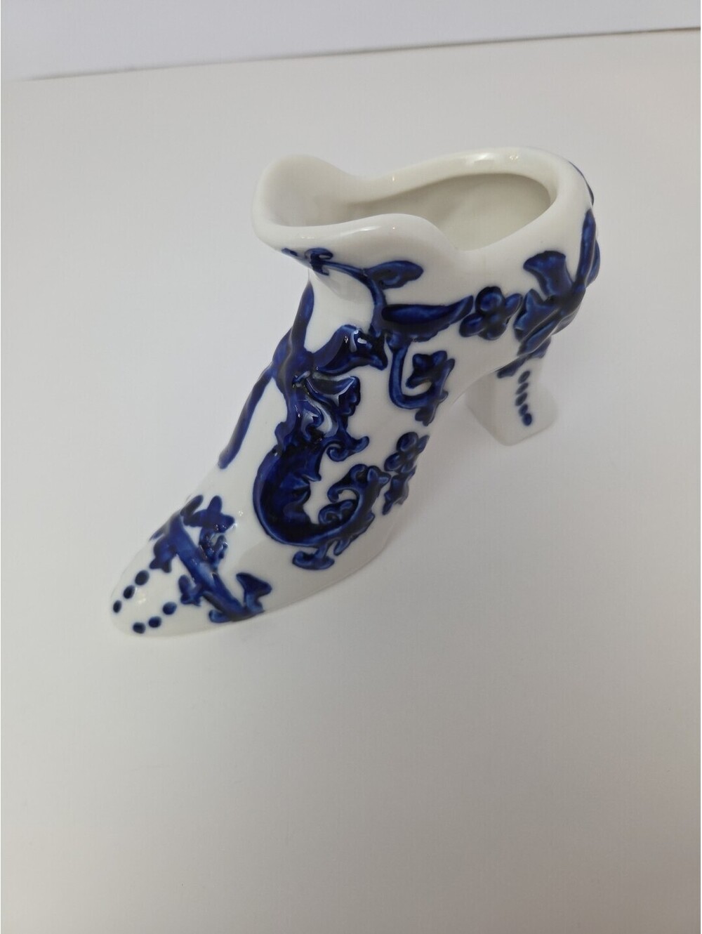 Vintage Blue White Ceramic Highheel Shoe Planter Delft Style RaisedRelief Floral